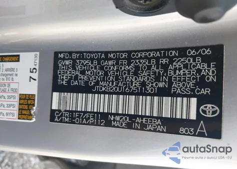 2006 Toyota Prius из США, поврежденный, VIN JTDKB20U167511301